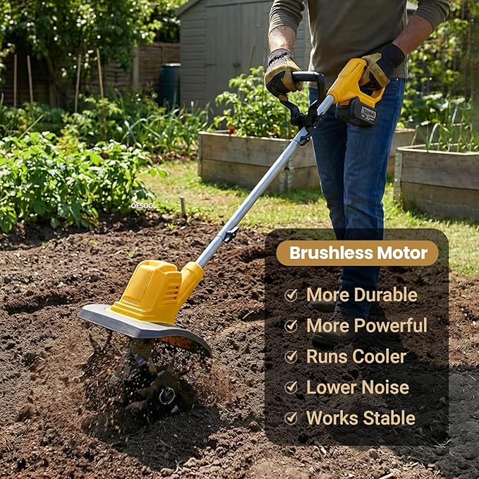 Cordless Brushless Garden Tiller Cultivator Compatible with dewalt 20v Battery (Tool Only), 10’’ Wide 7’’ Deep Electric Soil Rototiller, 48-Tine Mini Rotary Areator for Garden Beds & Soil Preparation