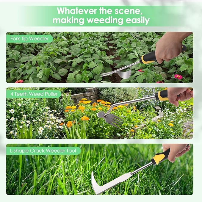 2026 New 3Pcs Hand Weeder Tool, Rubber Handle Weed Remover Tool, L-Shaped Weeding Tool, Manual Weeder, 4 Teeth Weeding Tool, Planting and Weeding for Garden, Patio