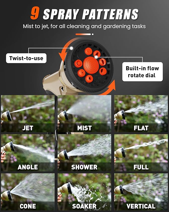 RAINPOINT Garden Hose Nozzle, 9 Spray Patterns Hose Sprayer Nozzle, Heavy Duty Metal Water Hose Nozzle, Adjustable Hand Sprayer, Watering Plants and Lawn, Pet Showering, Orange