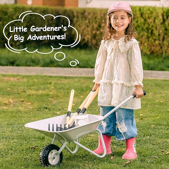 ROBUD Kids Gardening Tools Outdoor Toys Set Backyard Play with Kids Wheelbarrow-9pcs Metal Toddler Wheelbarrow, Garden Tools, Watering Can, Plant Labels for Ages 3+ (Grayish White)