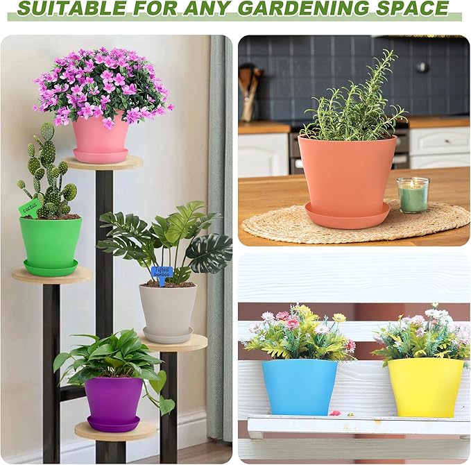 Hahood 36 Pack 5.5 Inch Plastic Plant Pots with Saucers Colorful Flower Plant Container Seed Starting Pots Thickened Seedlings Nursery Pots for Home Garden Indoor Outdoor Flowers, 9 Colors