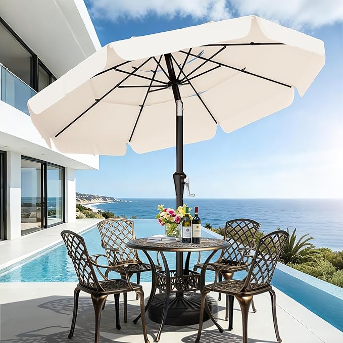 AreShark 9FT 3-Tiers Patio Umbrella with Valance, Outdoor Umbrellas with Crank/Tilt, Table Market Umbrella Vented w/ 8 Sturdy Ribs for Garden, Deck, Backyard, and Pool, Cream White