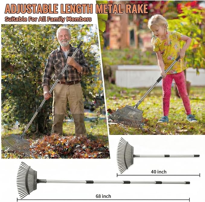 Leaf Rake for Yard & Garden - 20" Wide Metal Rake with 25 Steel Teeth, 40-68" Adjustable Handle - Heavy Duty Rust-Proof Steel Rake for Leaves, Grass & Debris Cleanup