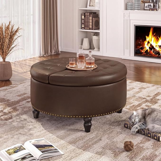 FiveWillowise 31.5 Inch Large Round Ottoman with Storage Circular,Chocolate | Leather Coffee Table with Lift Top,Modern Upholstered Button Tufted Footrest Stool Solid Wood Legs for Living Room,Bedroom