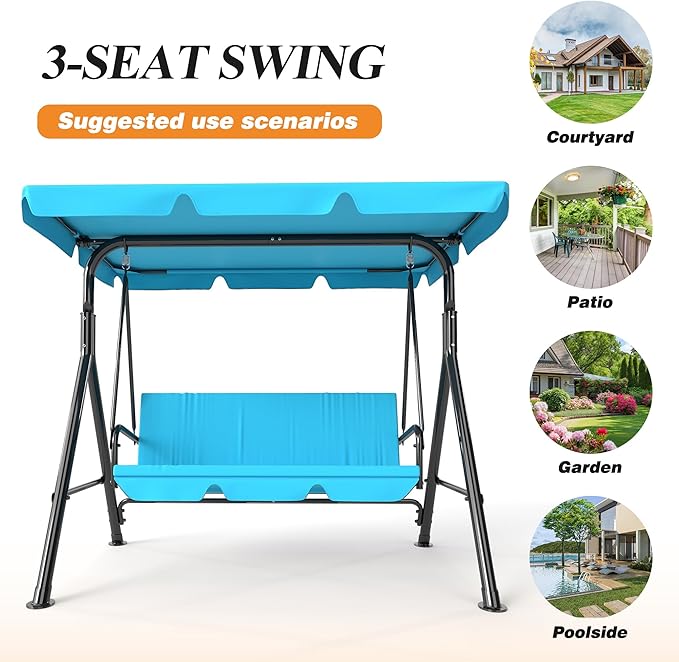 GARTOO 3-Seat Patio Swing Chair, Outdoor Porch Swing with Adjustable Canopy and Durable Steel Frame for Patio, Garden, Poolside(Turquoise)