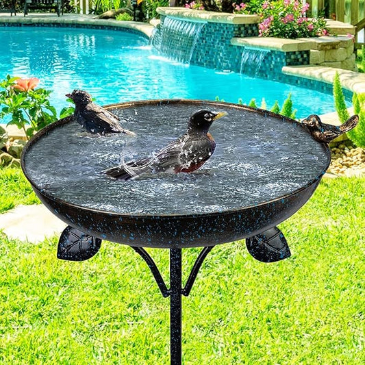 DREAMSOUL 12" Dia Bird Bath Antique Metal Bird Bath for Outside, Pedestal Birdbath with 4 Prongs Stake for Garden Yard Patio Decor
