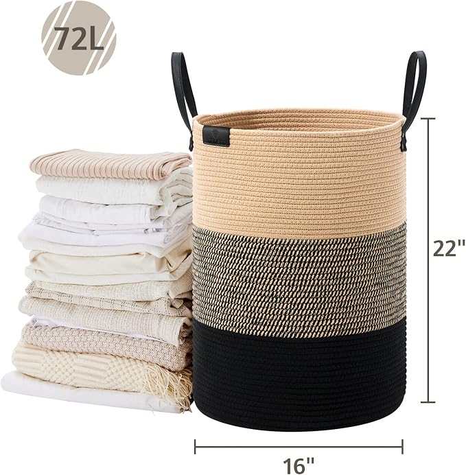 VIPOSCO 72L Tall Woven Rope Laundry Hamper, Leather Handles, Brown & Black | Large Wicker Laundry Basket for Dirty Clothes, Blanket, Toy, Towel, Yoga Mat, Storage Bin in Bedroom, Bathroom, Living Room