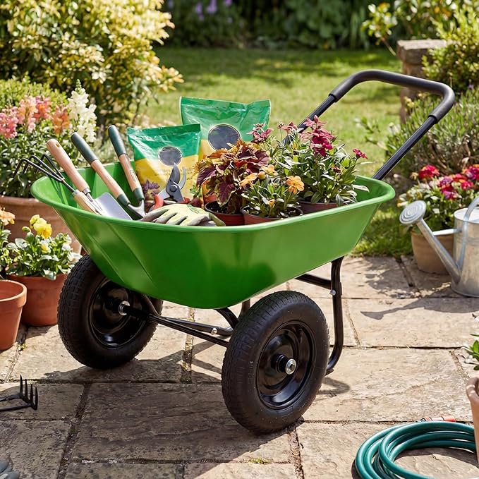 Goplus 2 Wheel Wheelbarrow, Dual Wheel Barrow with 14 inches Pneumatic Rubber Tires, 330 lbs Capacity Garden Yard Cart for Gardening Tool, Moving Soil, Wood, Gravel, Mulch