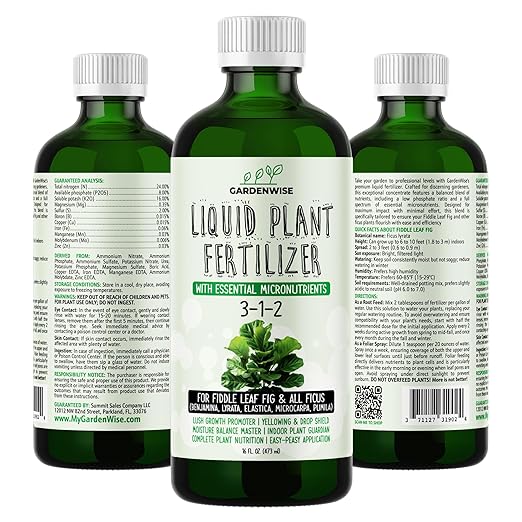 GARDENWISE 3-1-2 Liquid Fertilizer Concentrate with Micronutrients - Optimal Fiddle Leaf Fig Plant Food, Ideal for Ficus Lyrata & Fig Trees, Gold Leaf Enhanced Indoor Plant Fertilizer (8 OZ)