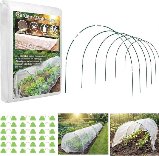 Garden Netting Kit for Raised Beds, 10x30FT Plant Cover Ultra Fine Mesh Netting & 6 Sets Fiberglass Garden Hoops & 18 Clip, Vegetable Plants Fruits Row Cover Birds Animals Barrier Protection Net