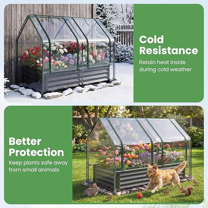 Giantex 4x2x3 FT Galvanized Raised Garden Bed with Greenhouse Cover, Outdoor Elevated Metal Planter Box w/Dual Roll-up Windows, Mini Greenhouse for Patio Balcony Vegetables Herbs Flowers (Black)