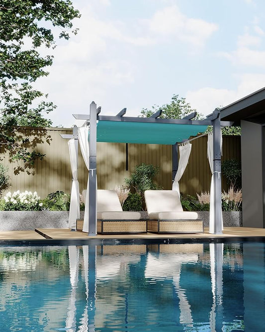 KYBOLT 10x10 Ft Outdoor Pergola with Retractable Canopy & Side Mesh Screen Gray Post Patio Gazebo for Backyard Deck Garden Lawns Porch(Blue+White)