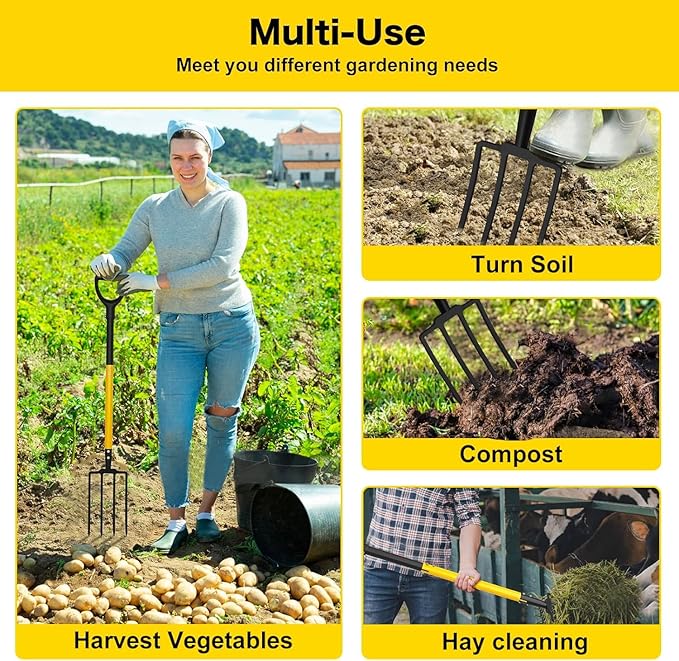Pitch Fork, 4 Tine Heavy Duty Garden Fork with Ergonomic No-Slip D-Grip Handles, 45 Inches Long Handle Spading Fork, Perfect for Gardening Digging, Land Management, Yard work, Farming (Yellow)