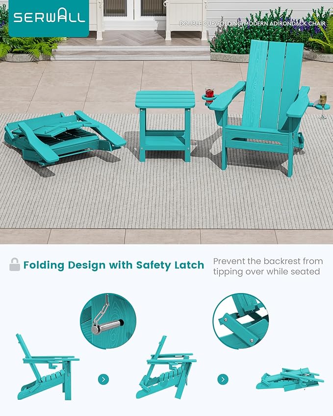 SERWALL Modern Adirondack Chair Set of 6, Folding Adirondack Chair with Cup Holders, Outdoor HDPE Adirondack Chair, Teal