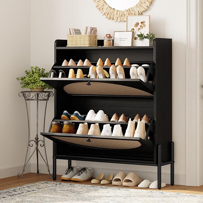 IRONCK Rattan Shoe Cabinet Storage with 2 Flip Drawers, Black