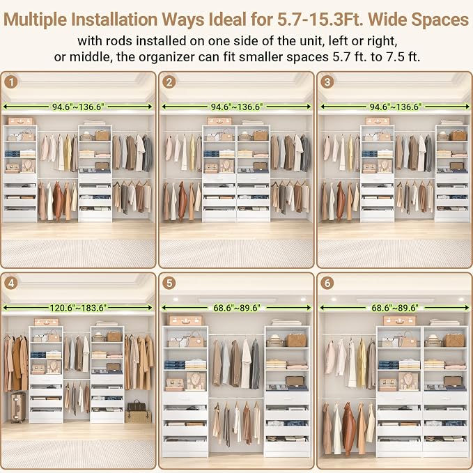 Aheaplus Closet System, 6-15Ft Closet Organizer with 8 Wooden Drawers,White