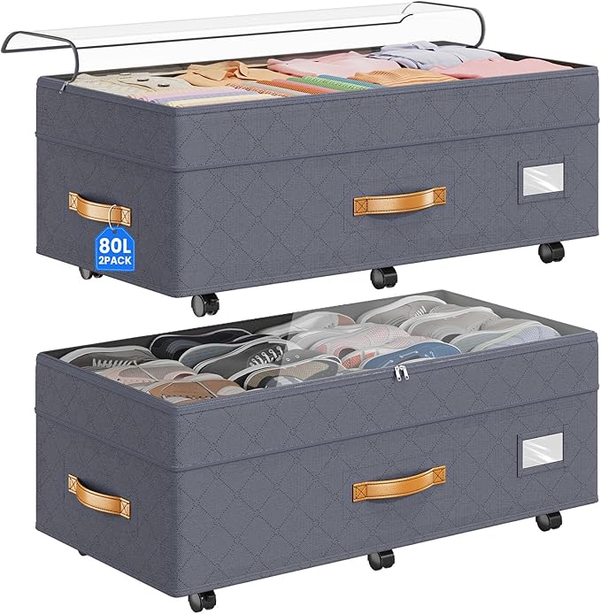 Budding Joy 80L 2 Pack Adjustable Under Bed Storage Containers with Wheels