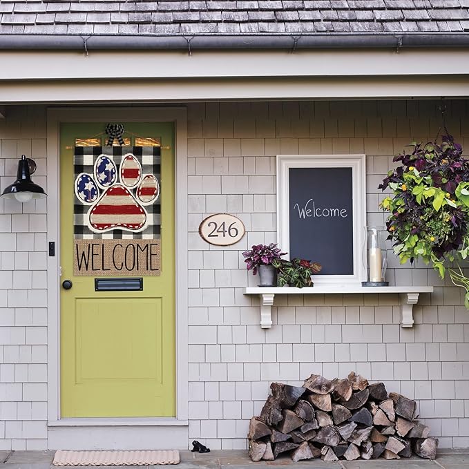 AVOIN colorlife American Flag Paw Print Patriotic 4th of July House Flag 28x40 Inch Double Sided Outside, Welcome Buffalo Plaid Yard Outdoor Decoration