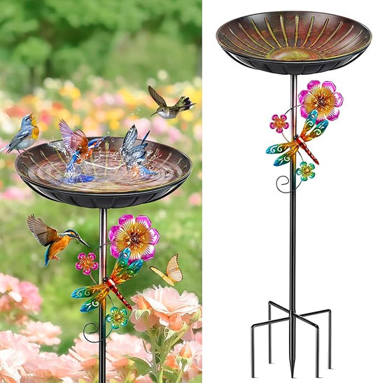 Metal Bird Bath for Outside, Removable Birdbath Feeder Bowl for Outdoors, Freestanding Bird Baths with Upgraded 5-Pronged Base for Garden Patio Yard Lawn Decor (Vintage Red-Yellow)