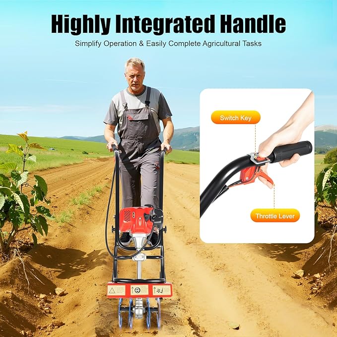 52CC 2 Stroke Tiller Cultivator, 1900W Garden Mini Tiller Rototiller Gas Powered Rotary Cultivator Hand Push Single-Cylinder Rototiller Garden Tool w/0.2GAL Fuel Tank for Soil Weeding (Hand Push)