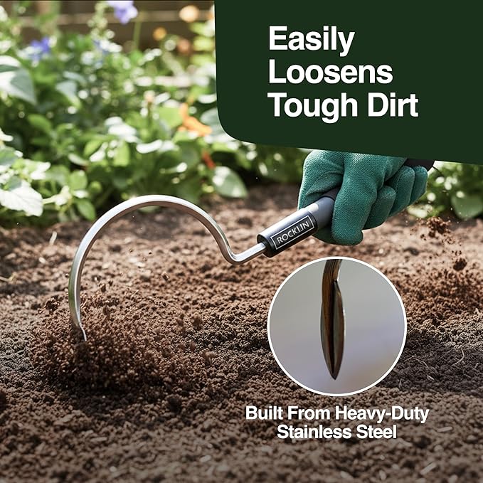 Rocklin Industry Cobra Hook Cultivator Stainless Steel Blade Heavy-Duty Garden Hand Tool for Weeding, Digging & Soil Loosening