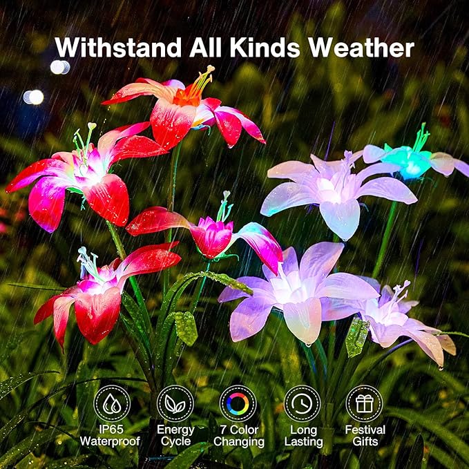 Ahaorigin Solar Garden Lights Outdoor, 4 Pack Blooming Lily Solar Flowers Outdoor Waterproof, 7 Color Changing Bigger Flower Lights for Yard Patio Decor, Gift for Mom
