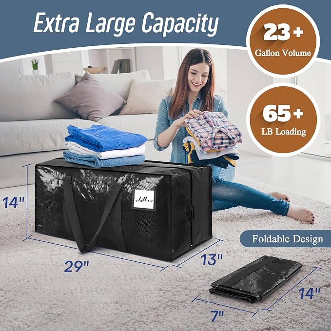 6 Pack Extra Heavy Duty Large Moving Bags with Strong Zipper, Black | Comfortable Handles, Sturdy & Durable Clothes Storage Bags Totes Bins, Blue Packing Moving Boxes for College Supplies