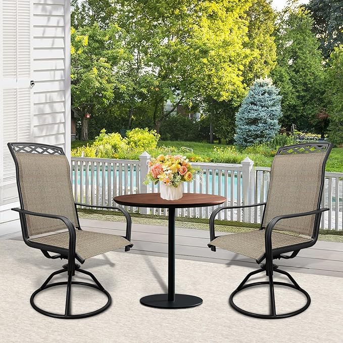 SHGJ&SOFT Patio Swivel Chairs, Waterproof Outdoor Dining Chairs with All-Weather Textilene Mesh for Deck, Garden, and Backyard (Patterned backrest-Brown, Set of 8)