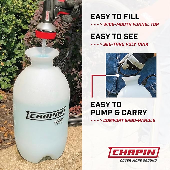 Chapin 20006 Pump Sprayer, 3‑Gallon, Lawn & Garden, Translucent Poly Tank, Funnel‑Top, SureSpray Anti‑Clog Filter, Adjustable Cone Nozzle & 34" Hose for Fertilizer, Weed & Pest Application
