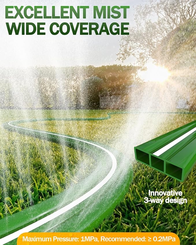 Breeze Touch 75FT Sprinkler Hoses for Lawn, Three-Tube Flat Sprinkler Hose with Holes, Heavy Duty Soaker Hose for Garden with U-Shaped Stakes, Flexible Irrigation Hose for Yard