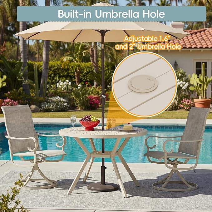 42" Outdoor Patio Table Dining Table, All Weather Metal Round Patio Table with Adjustable Umbrella Hole, Patio Furniture for Lawn Garden Backyard, Sandshell