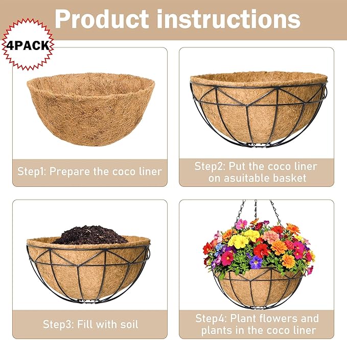 Hanging Baskets for Outdoor Plants (12 inch 4 Pack) Black Metal Wire Flower Basket Coconut Coir Hanging Planters with Chain Indoor Plant Holder for Patio Garden Balcony