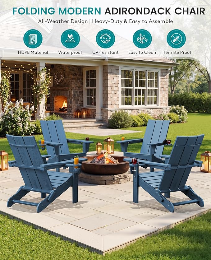 SERWALL Modern Folding Adirondack Chair Set of 4, HDPE Weather Resistant Outdoor Adirondack Chair with Dual Cup Holders, Patio Lawn Garden Chairs, Blue