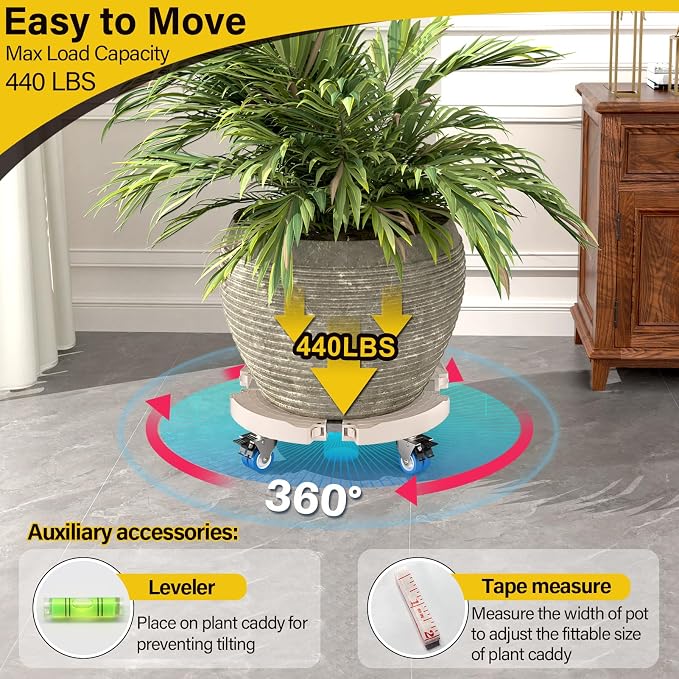 Goovilla Plant Stand with Wheels 440LBS Load,2Pack, Adjustable 15-22",Beige | Heavy Duty Plant Caddy with Lockable Caster Wheels, Rolling Stand/Dolly/Roller for Indoor Outdoor Large Planter, Flower Pot