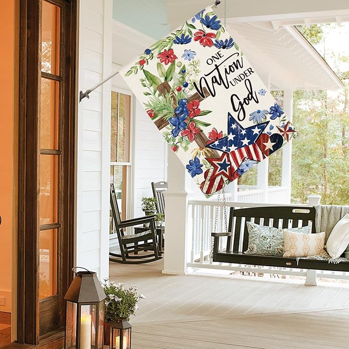 AVOIN colorlife Memorial Day Patriotic 4th of July House Flag 28x40 Inch Double Sided Outside, Flowers Cross Yard Outdoor Decoration