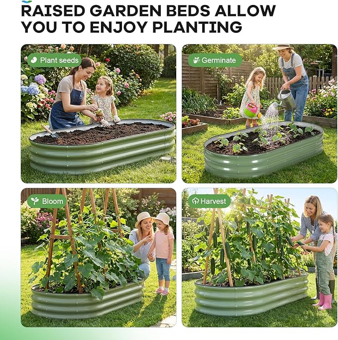 Galvanized Raised Garden Beds Outdoor, 6x3x1ft Oval Metal Raised Beds for Gardening, Rust-Resistant Garden Planter Box for Planting Vegetables, Flowers, Fruits in Lawn(Olive Green, 2 Packs)