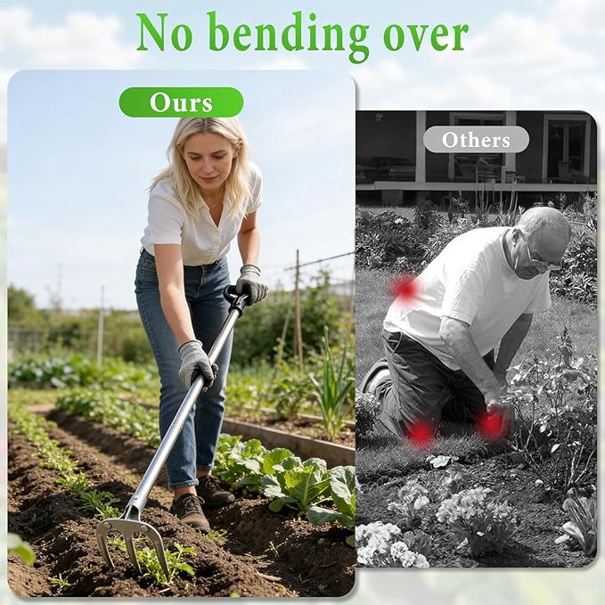 Hand Rake Garden Tool - 75" Long Handle Potato Cultivator Weeding Rakes, 3-Tine Heavy Duty Carbon Steel with D Grip for Raised Garden Beds