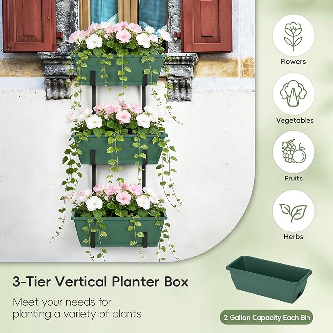 OYEAL 3-Tier Railing Planter Box Deck Railing Hanging Flower Pots Window Box Planter with Adjustable Brackets & Rectangular Flower Pots for Garden Fence, Patio, Balcony Decor Green