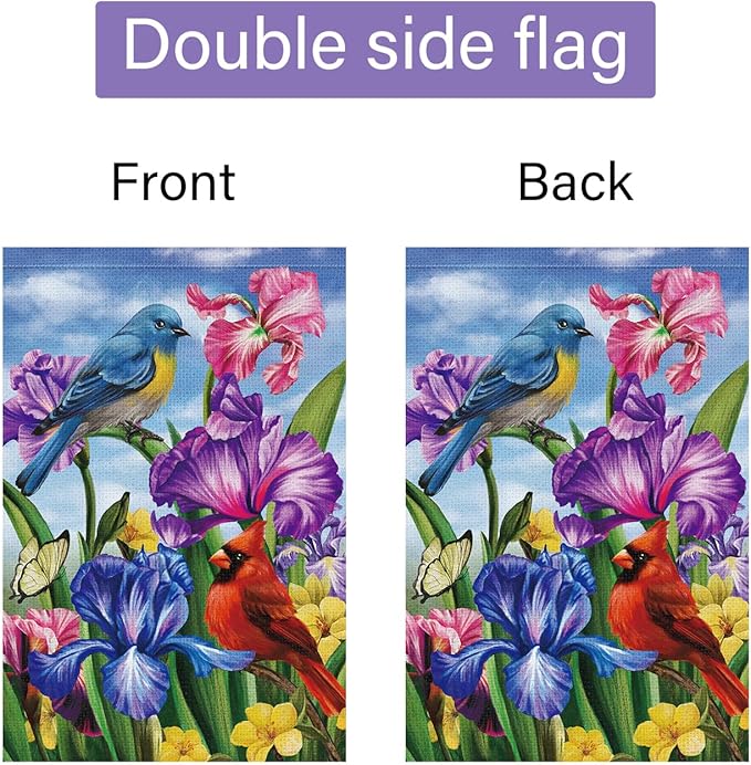 Louise Maelys Welcome Spring Summer Garden Flag 12x18 Double Sided Vertical, Burlap Small Cardinal Birds Irises Floral Yard House Outside Outdoor Seasonal Holiday Decoration