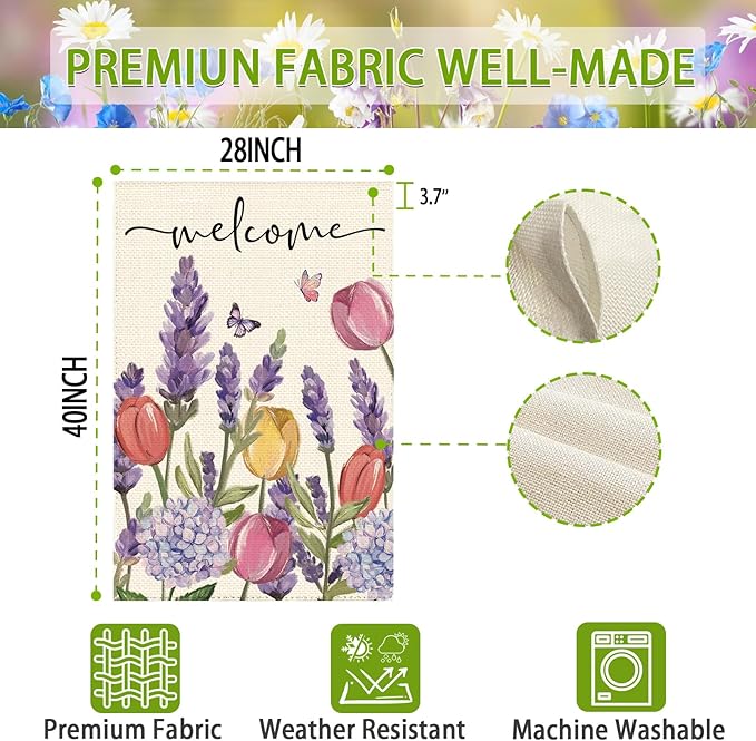 Spring Summer Tulips Hydrangeas Welcome House Flag 28 x 40 Inch Double Sided, Lavender Floral Burlap Large Yard Garden Flags Holiday Farmhouse Flags for Patio Outdoor Outside Decoration