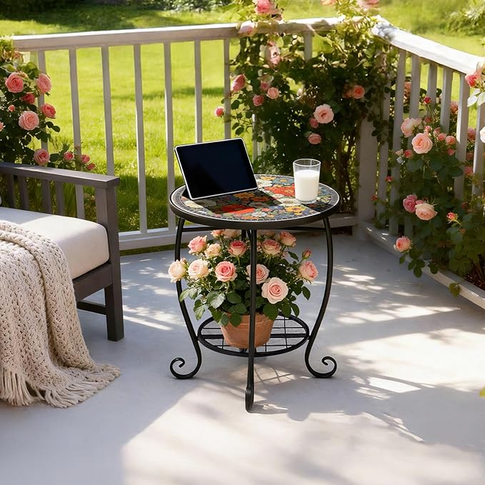 VINGLI Outdoor Side Table for Patio, Small Outdoor Table with Storage Shelf, Heavy Duty Metal Frame Patio Side Table for Outside Balcony Garden Porch