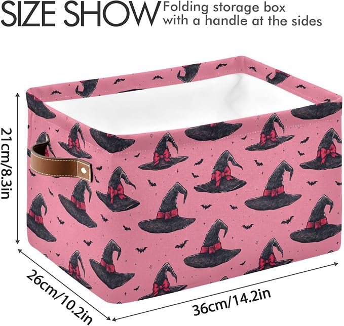 Wamika Halloween Witch Hat Storage Basket with Waterproof Liner and PU Handles Pink Bow Bowknot Bat Storage Bins Boxes 14.2" Collapsible Decorative Organizer Baskets for Bedroom Closet Office 2 Pack