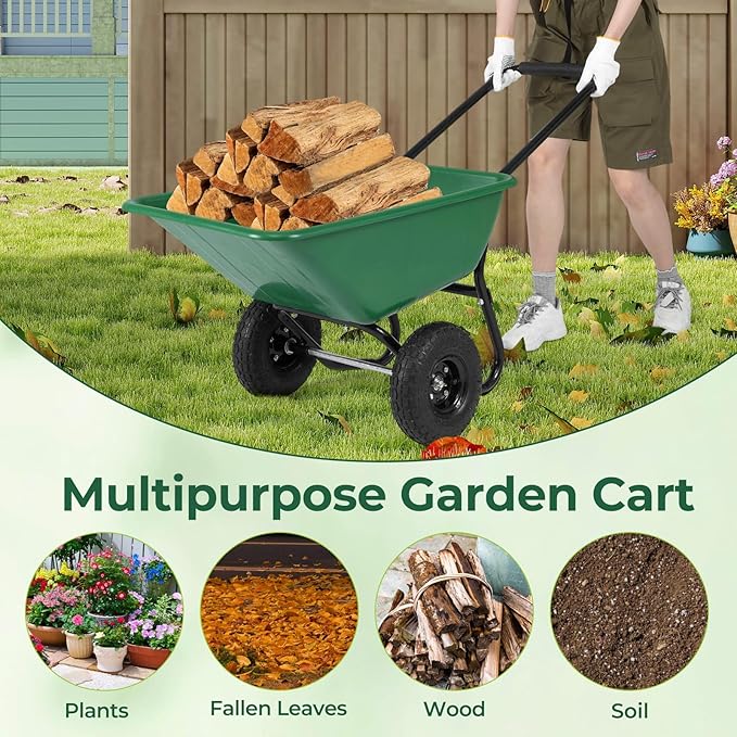 Giantex Dual-Wheel Wheelbarrow, Heavy-Duty Garden Utility Cart with Built-in Stand, Pneumatic Tires, 330 Lbs Capacity, Foldable Handle, 21 Gal Dump Cart for Yard Lawn Moving Soil, Garden (Green)