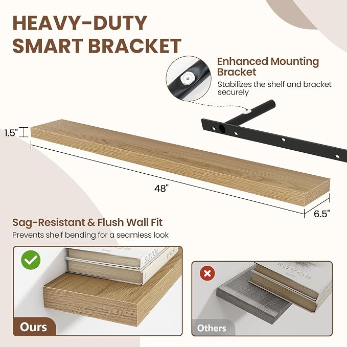 Acovy 48 Inch Floating Shelves for Wall 1 Pack, 48" Wall Shelves for Books, Storage, Decor, Wall Mounted Floating Shelf with Invisible Brackets for Kitchen, Living Room, Oak