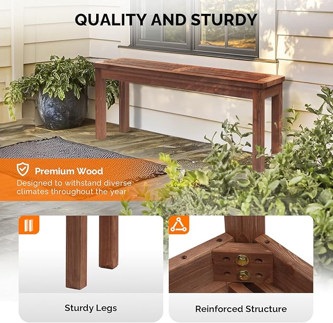 VINGLI Outdoor Wooden Bench, 45” Porch Bench Outdoor Backless Garden Bench, Small Outdoor Bench for Deck Patio Entryway (Brown, 45in)