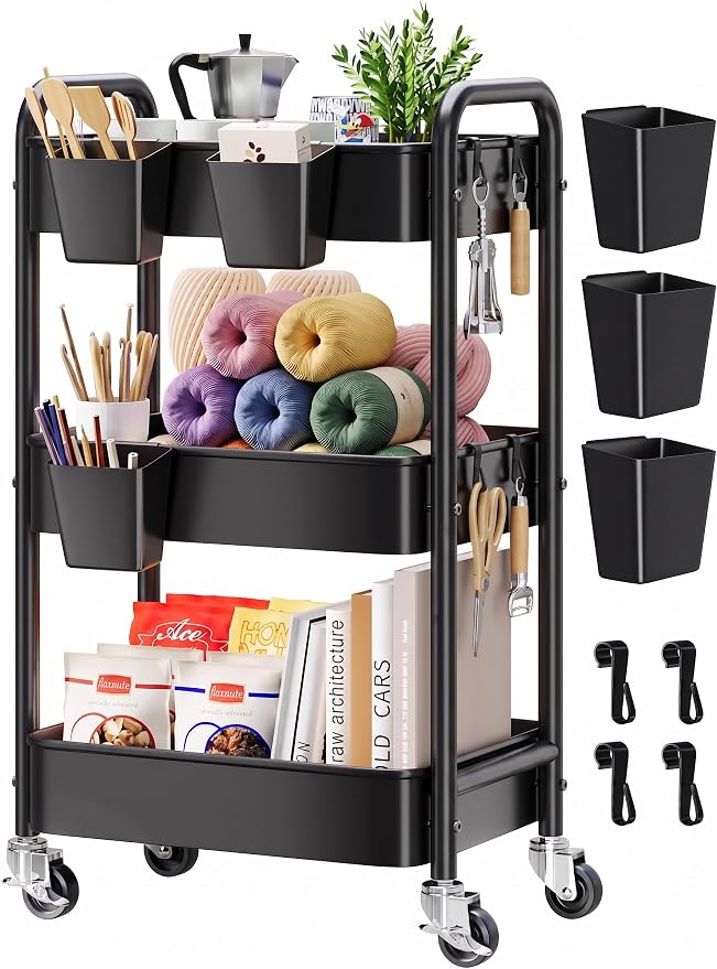 3 Tier Rolling Cart Metal with Wheels,Black Three Tiered Art Cart Organizer