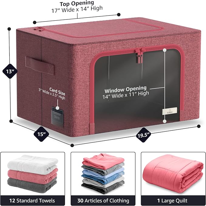 Sorbus Clothing Storage Bins with Clear Window, Metal Frame (6 Pack, Pink) | Oxford-fabric containers with carry handles stack neatly to organize bedding and linens in closets and laundry rooms.