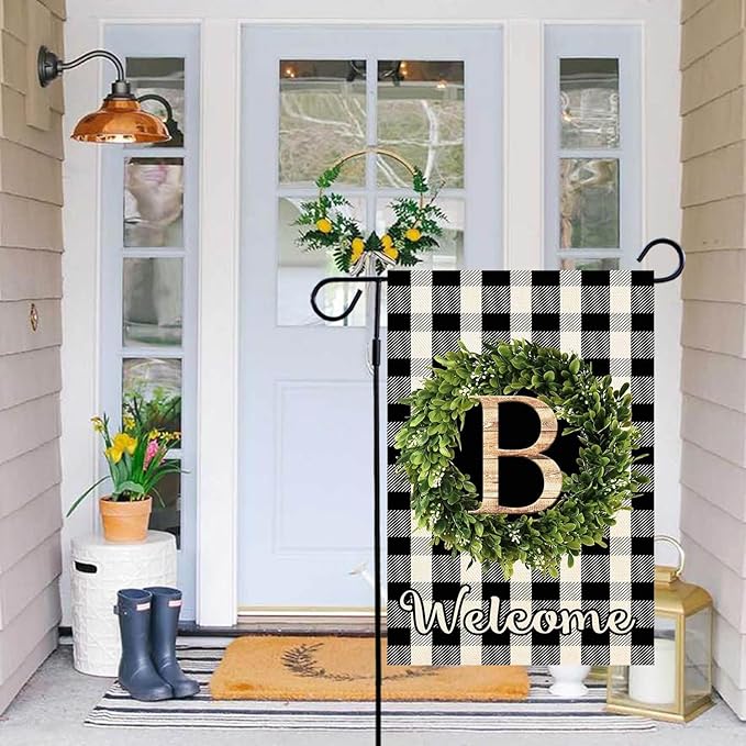 Baccessor Monogram Letter B Garden Flag 12.5 x 18 Inch, Buffalo Plaid Family Last Name Initial Boxwood Wreath Welcome Vertical Double Sided Small Flags for Outdoor Outside Decoration