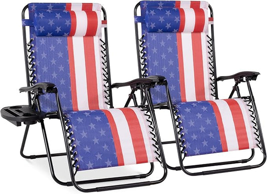 Best Choice Products Set of 2 Extra Wide Adjustable Steel Mesh Zero Gravity Lounge Chair Recliners w/Pillows and Cup Holder Trays - American Flag