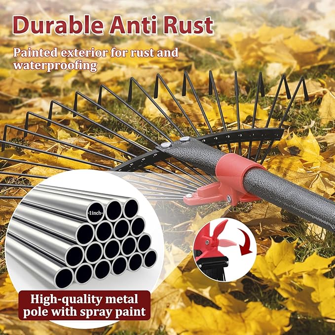 91Inch Adjustable Metal Leaf Rake, 18 Metal Tines Heavy Duty Leaves Rake for Lawns with 8-18" Expandable Head Long Handle Garden Rakes for Women Kids Leaves Yard Gardening Grass Outdoor Camping Debris